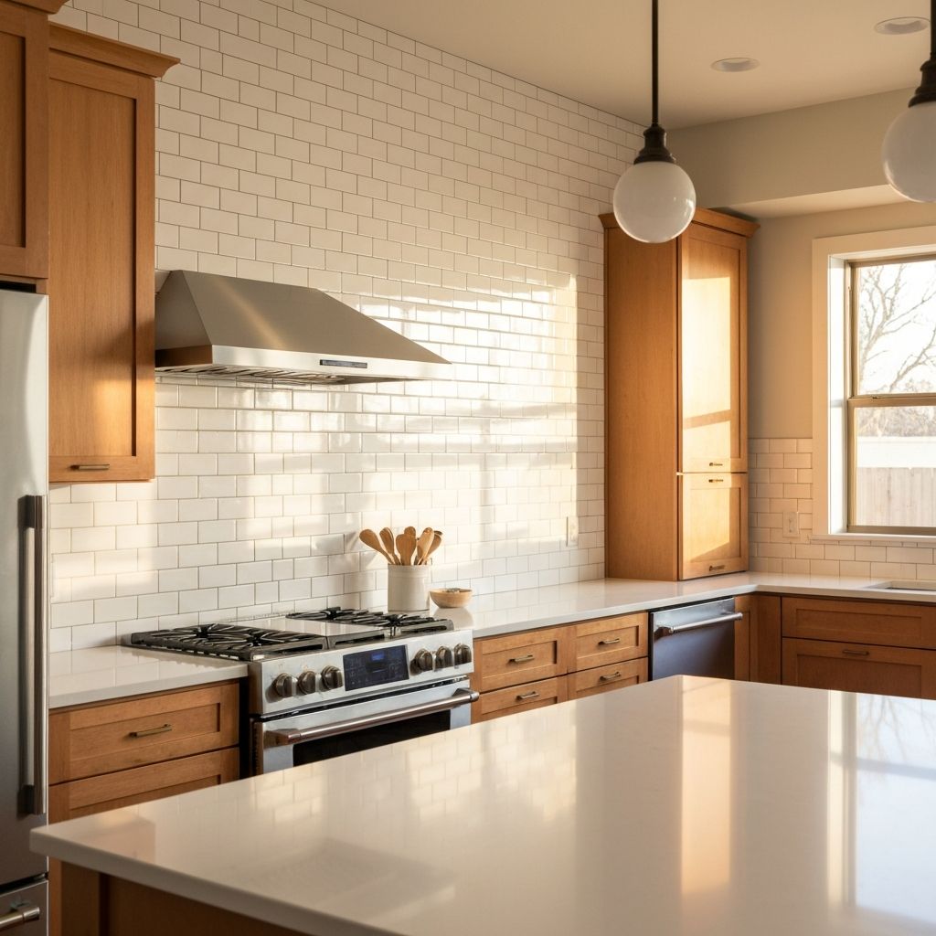 Bright kitchen with white subway tile backsplash and pendant lighting