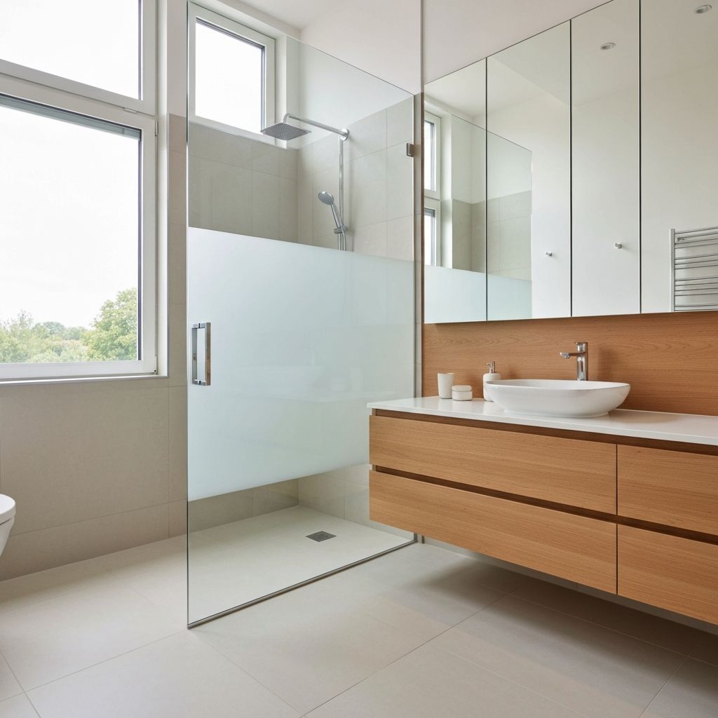 Contemporary bathroom with glass shower enclosure and floating vanity