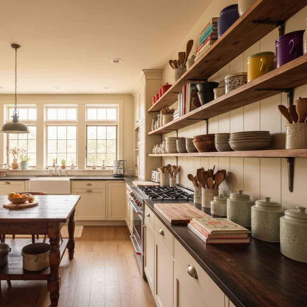 Farmhouse style kitchen with open shelving and apron sink