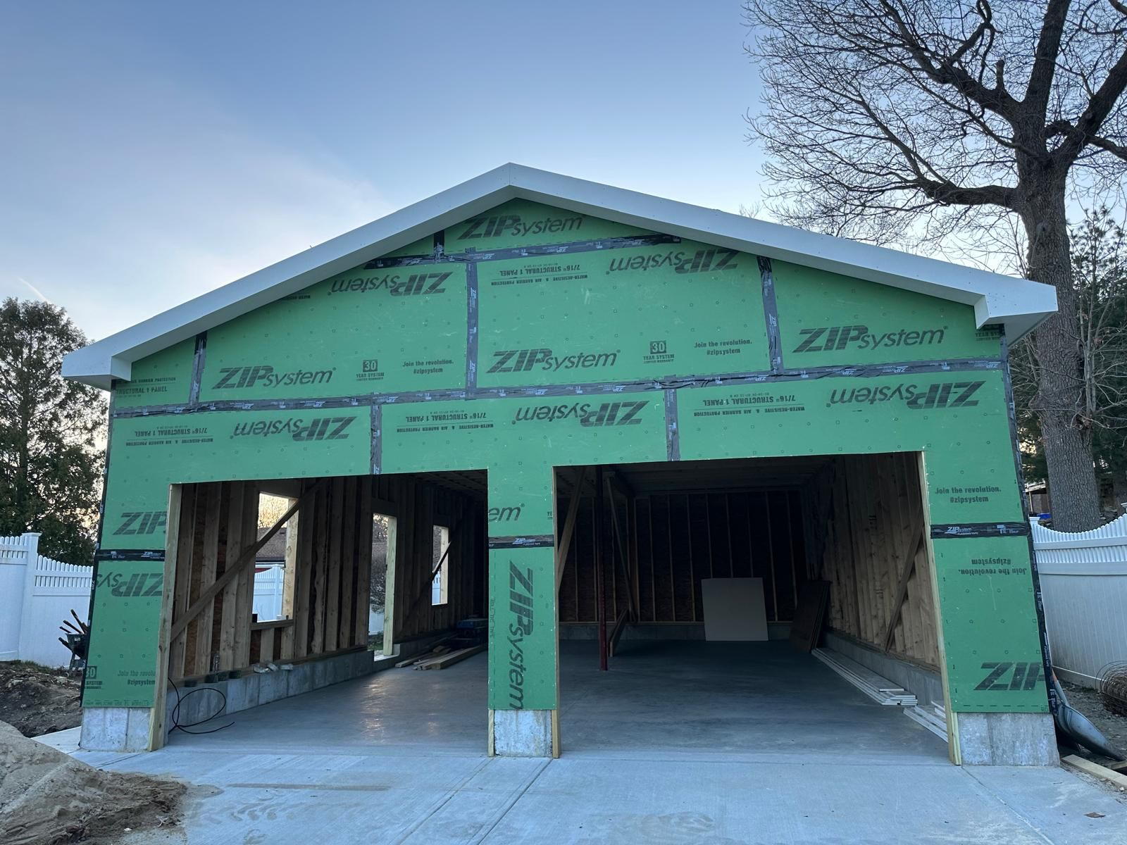 Two-car garage framing with ZIP system sheathing