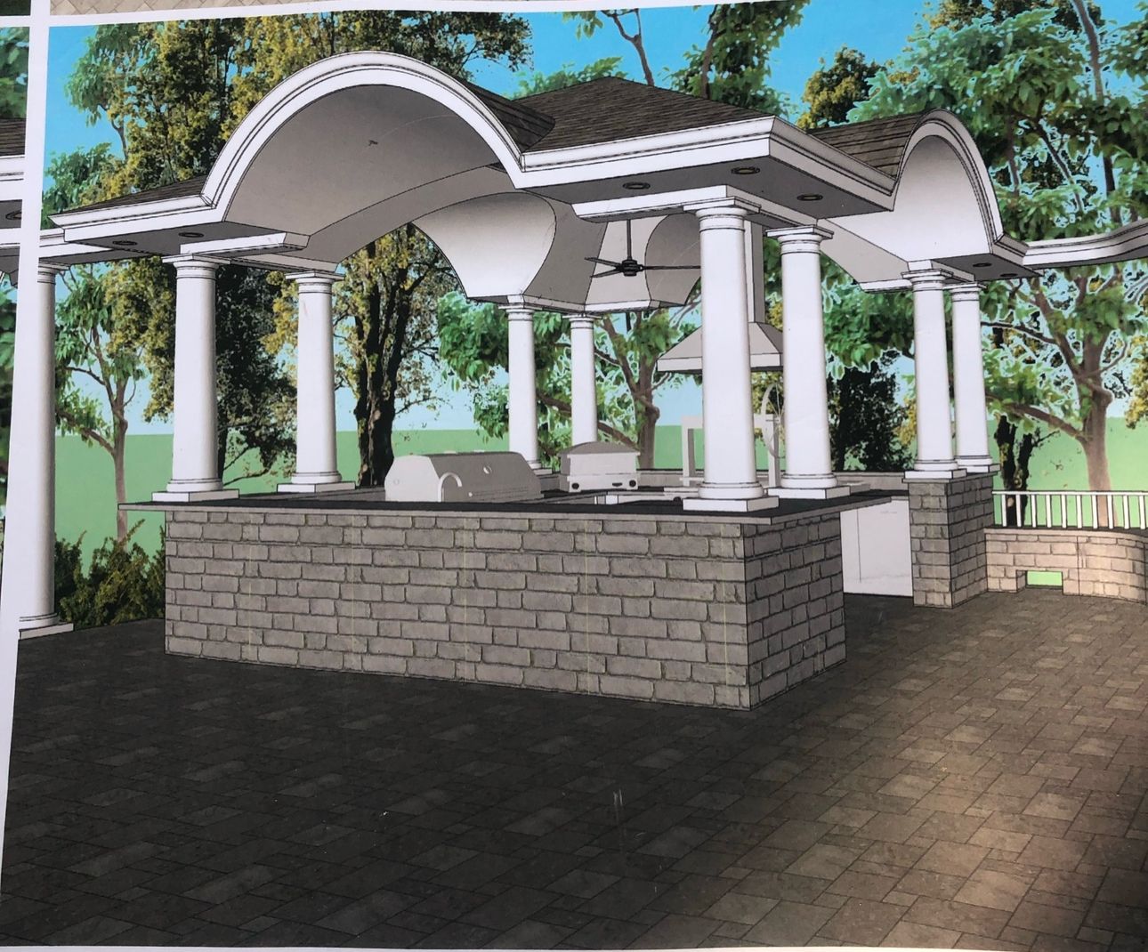 3D rendering of outdoor kitchen pavilion with arched design