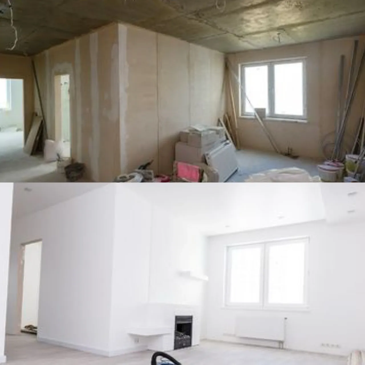 Complete interior transformation from framing to finished white walls and clean space