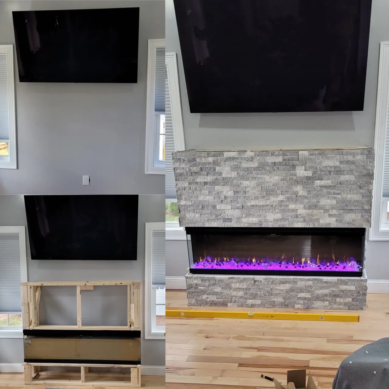 Modern stone fireplace installation with electric insert and hardwood flooring