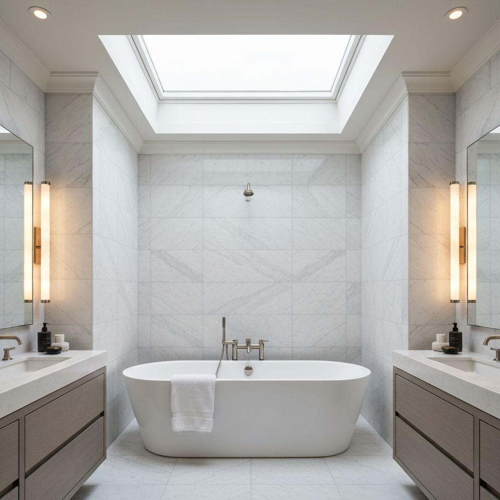 Luxury bathroom renovation with marble tile and freestanding tub