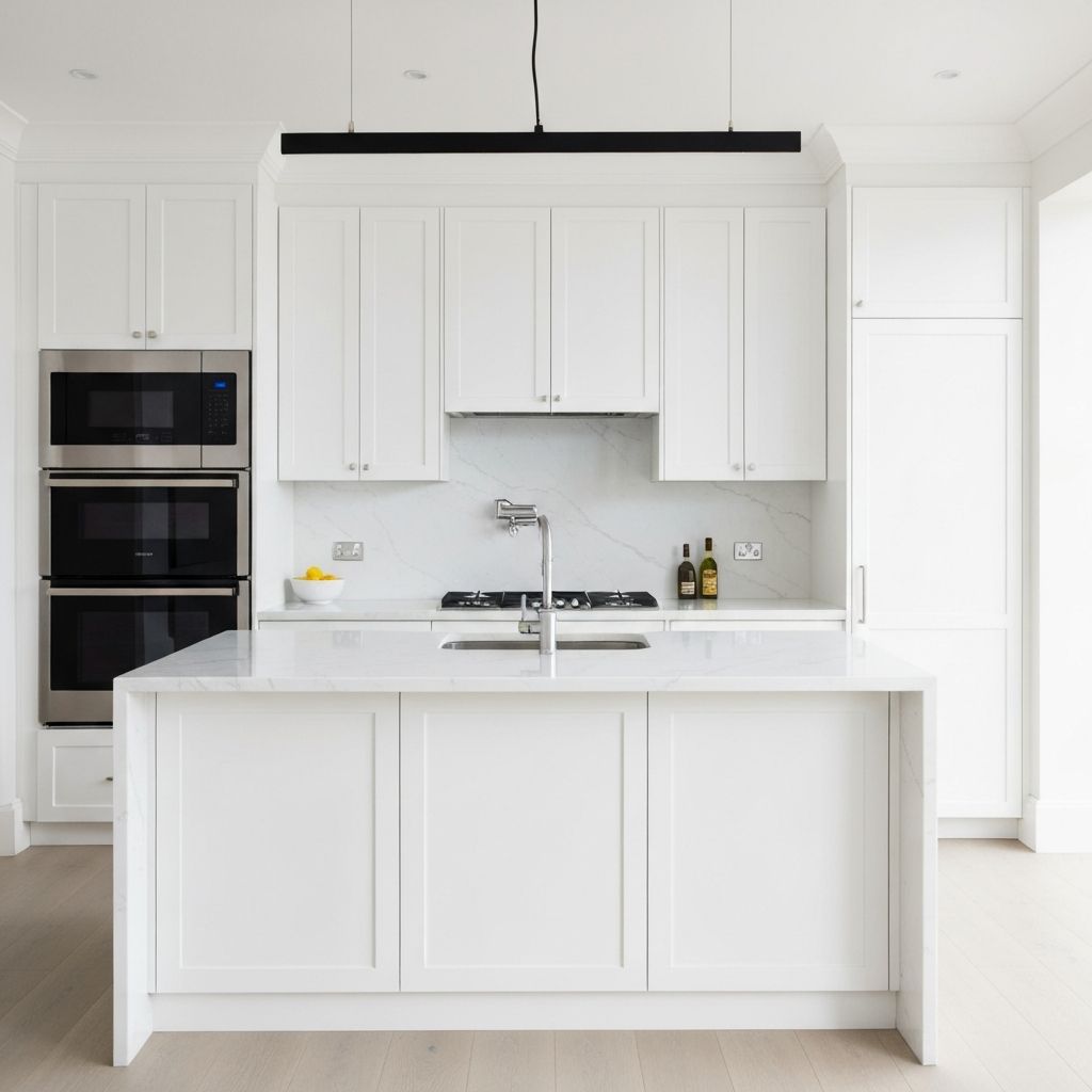Modern white kitchen with marble countertops and stainless steel appliances