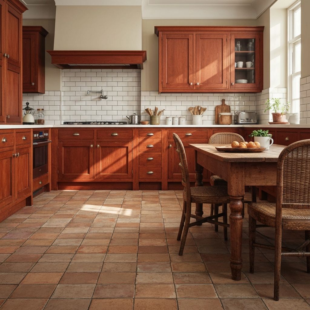 Traditional kitchen with wood cabinets and ceramic tile flooring